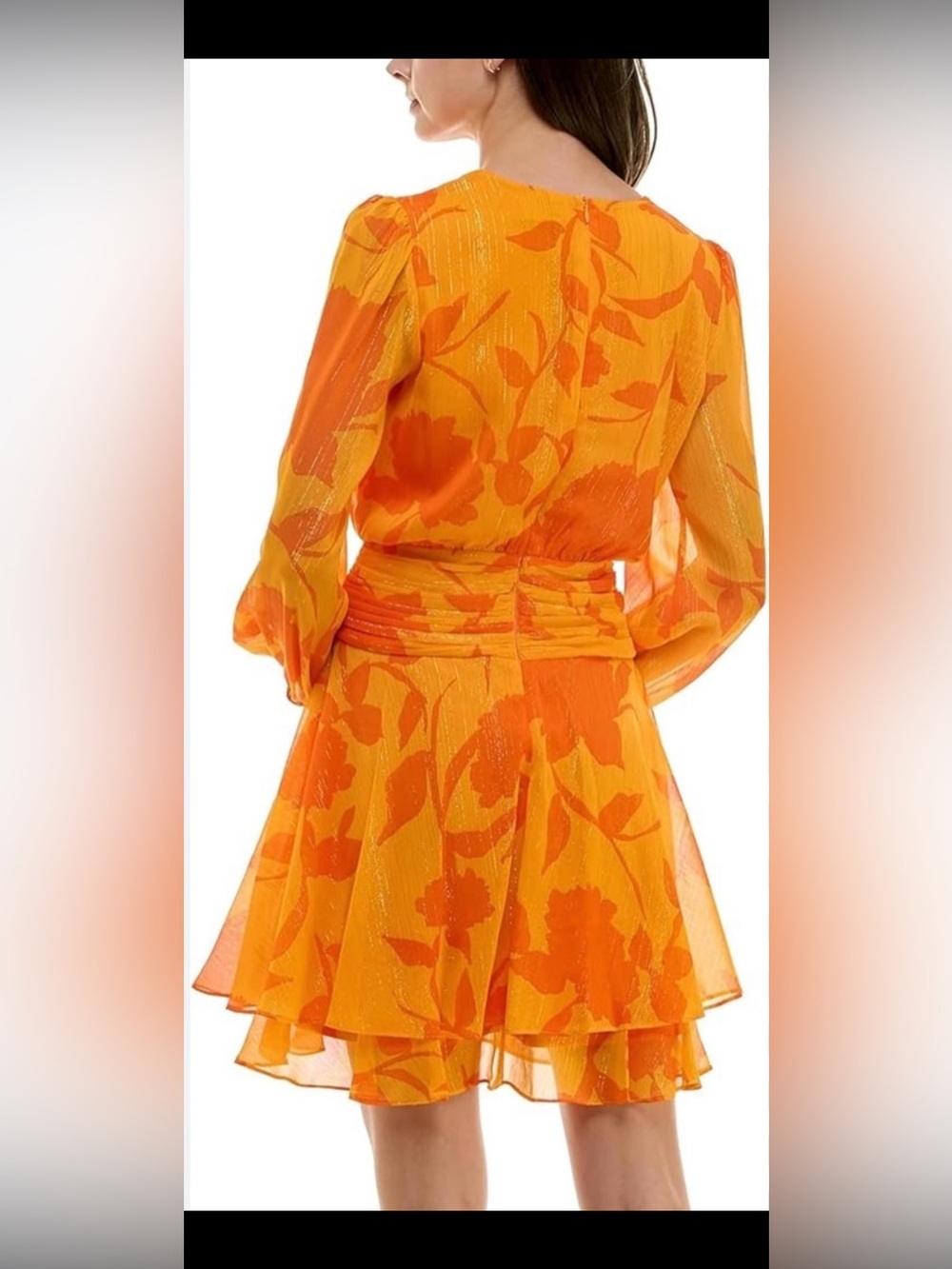 Maison Tara Orange Floral faux Wrap Mini long sleeve Dress - Picture 2 of 9